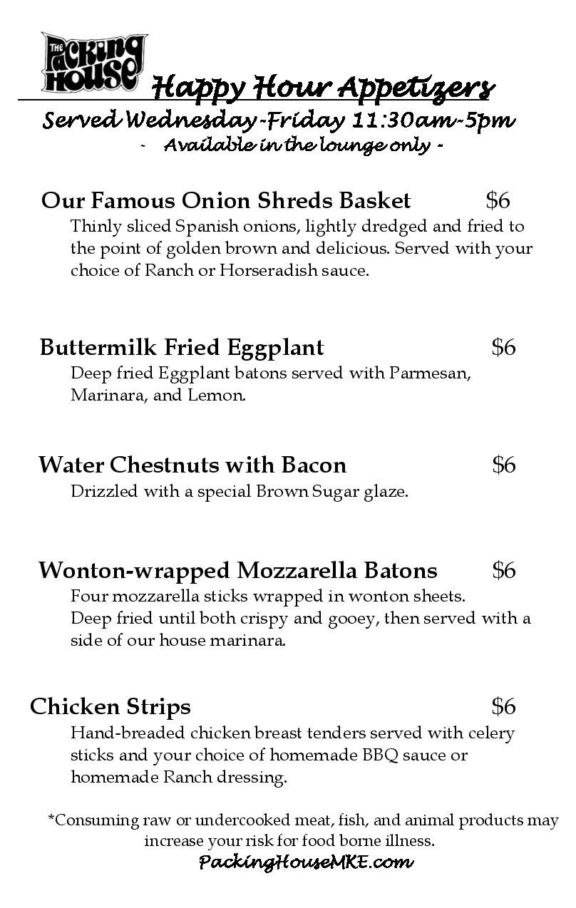 Bar Menu - The Packing House, Restaurant in Milwaukee WI Near General ...